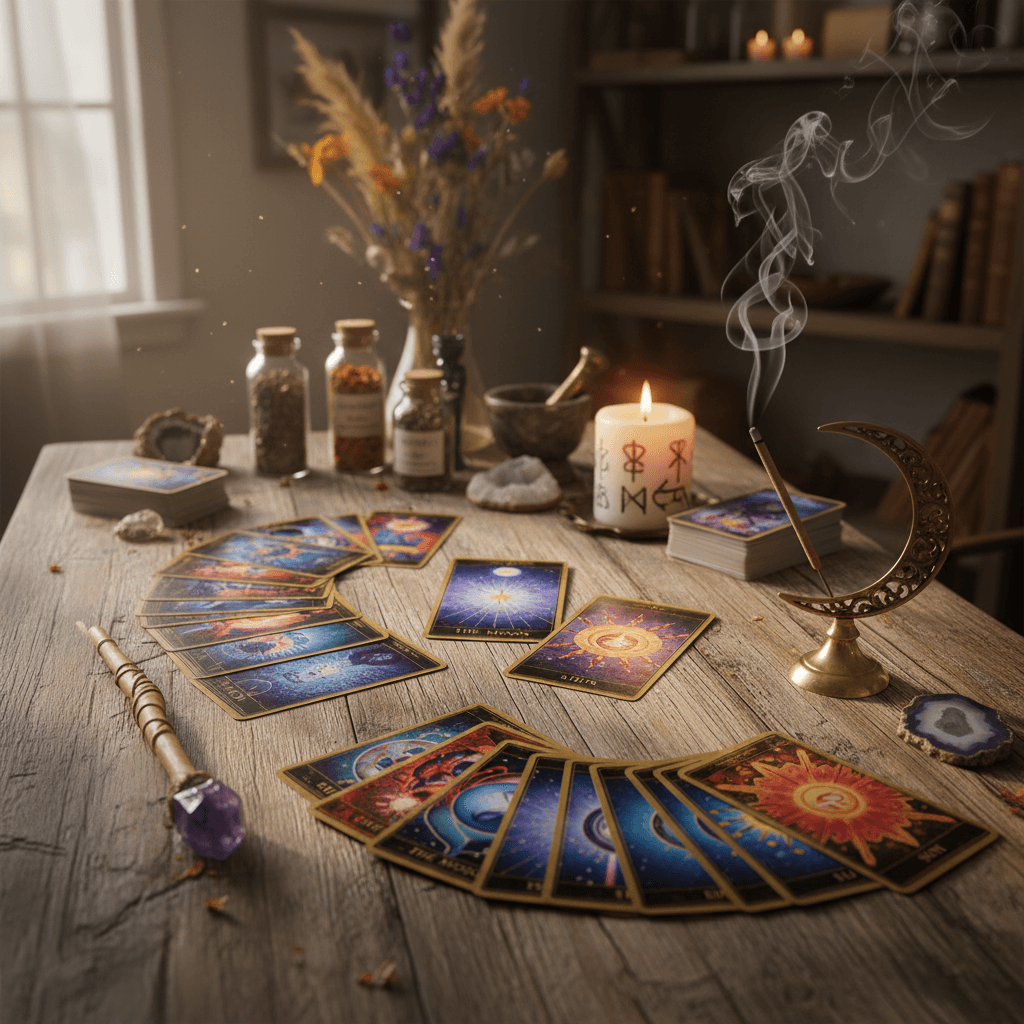 Tarot cards arranged with spiritual tools