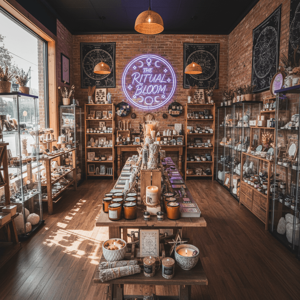The Ritual Bloom store interior with shelves of crystals and spiritual products
