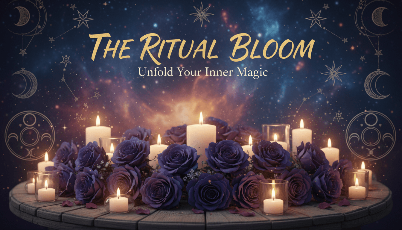 Mystical advertisement for The Ritual Bloom featuring purple roses, celestial symbols, and glowing candles.