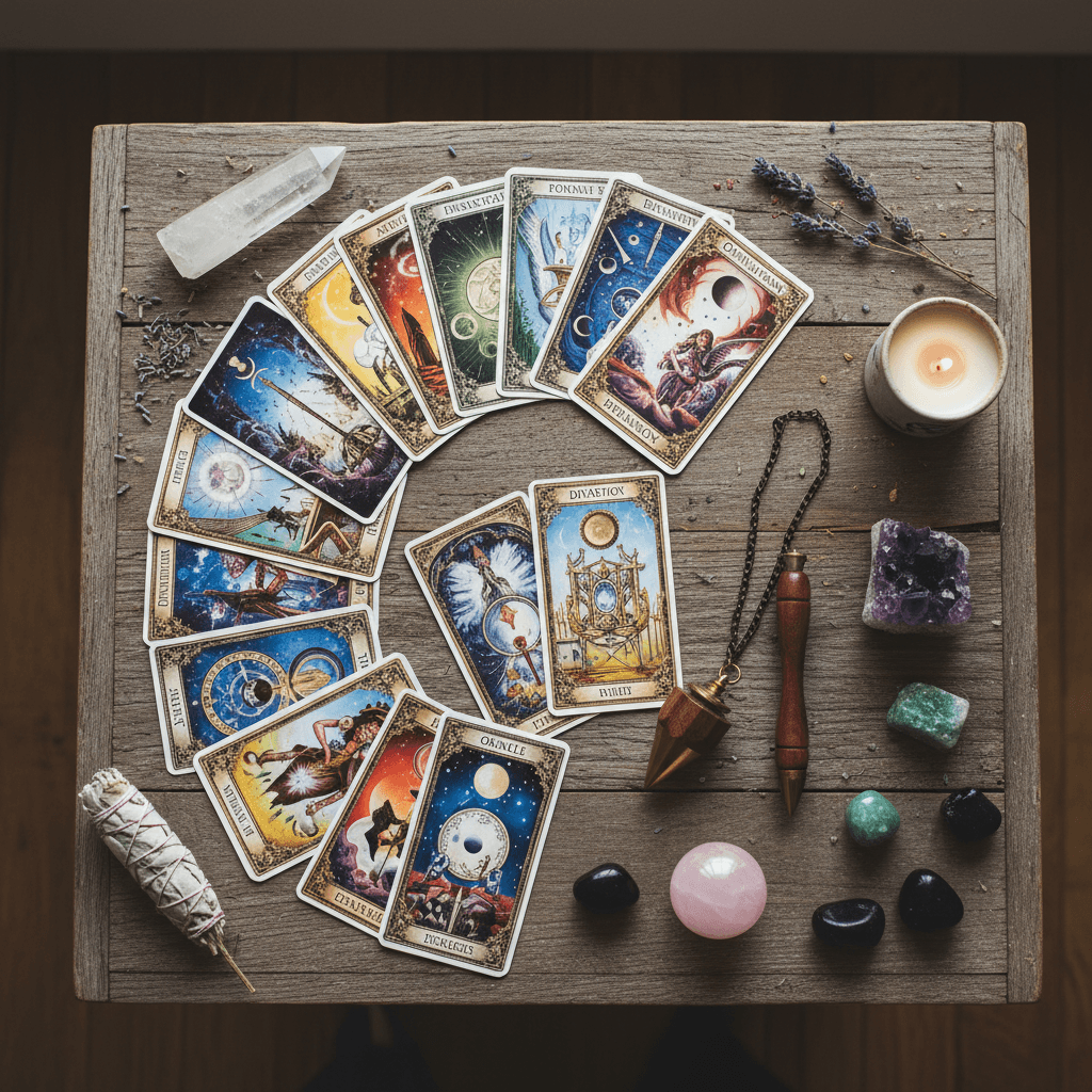 Oracle and divination cards fanned out alongside wooden pendulum and crystal stones
