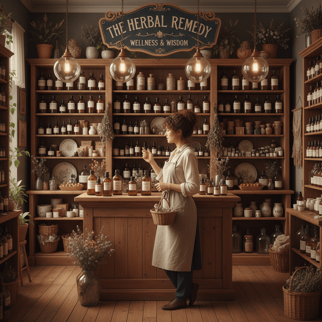 woman in apothecary shop speaking with customer near shelves of wellness products warm lighting
