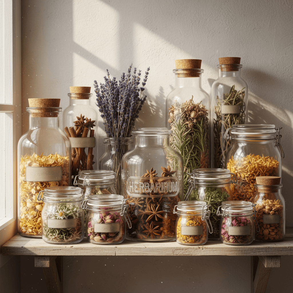 Dried herbs and botanicals in glass jars on wooden shelf with natural lighting