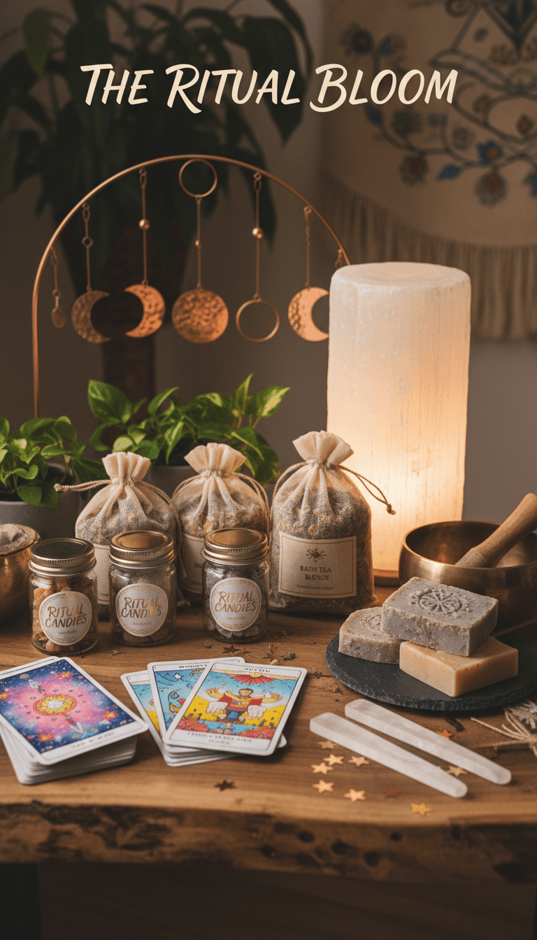Assorted ritual wellness products including candies, bath teas, soaps, tarot cards, and sound healing tools on a wooden table.