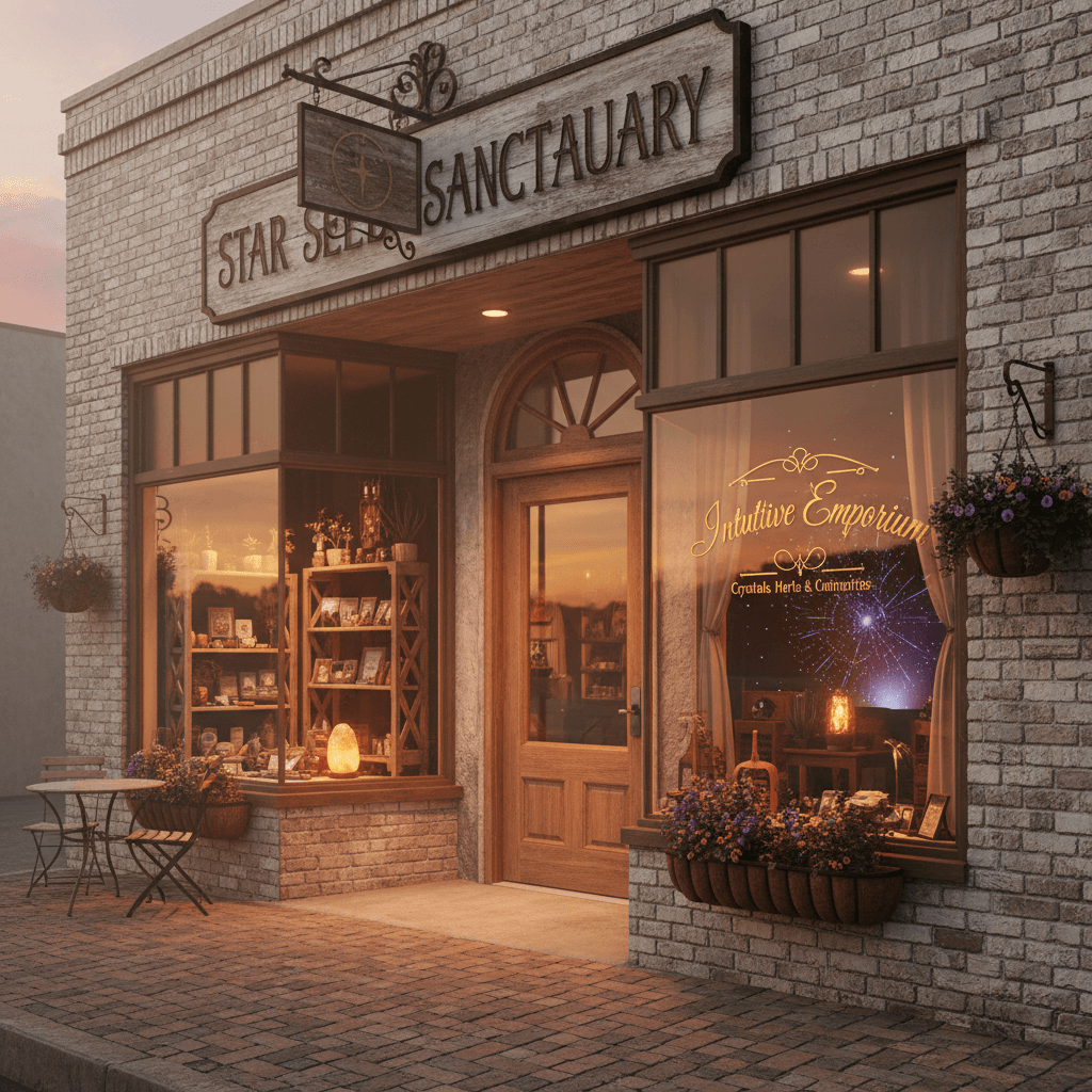 Welcoming metaphysical shop storefront with warm lighting and display windows Lufkin Texas aesthetic
