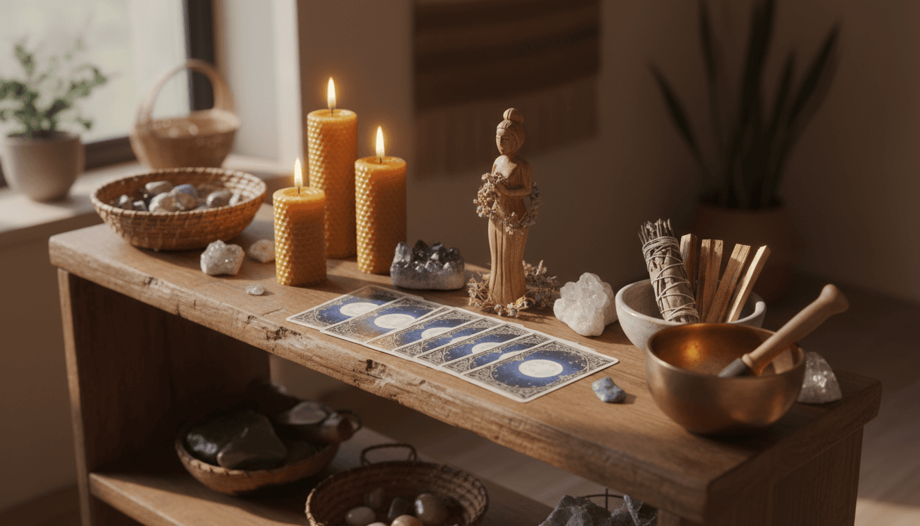Home altar with candles, crystals, and spiritual tools