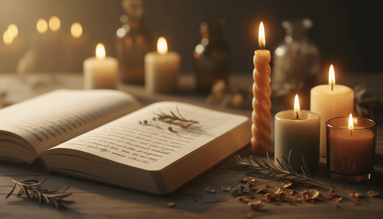 Handwritten journal pages with ritual candles and dried herbs on wooden surface in warm candlelight