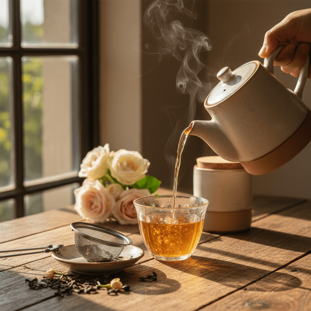 Close-up of teapot pouring amber tea into ceramic cup with loose leaves and golden afternoon light