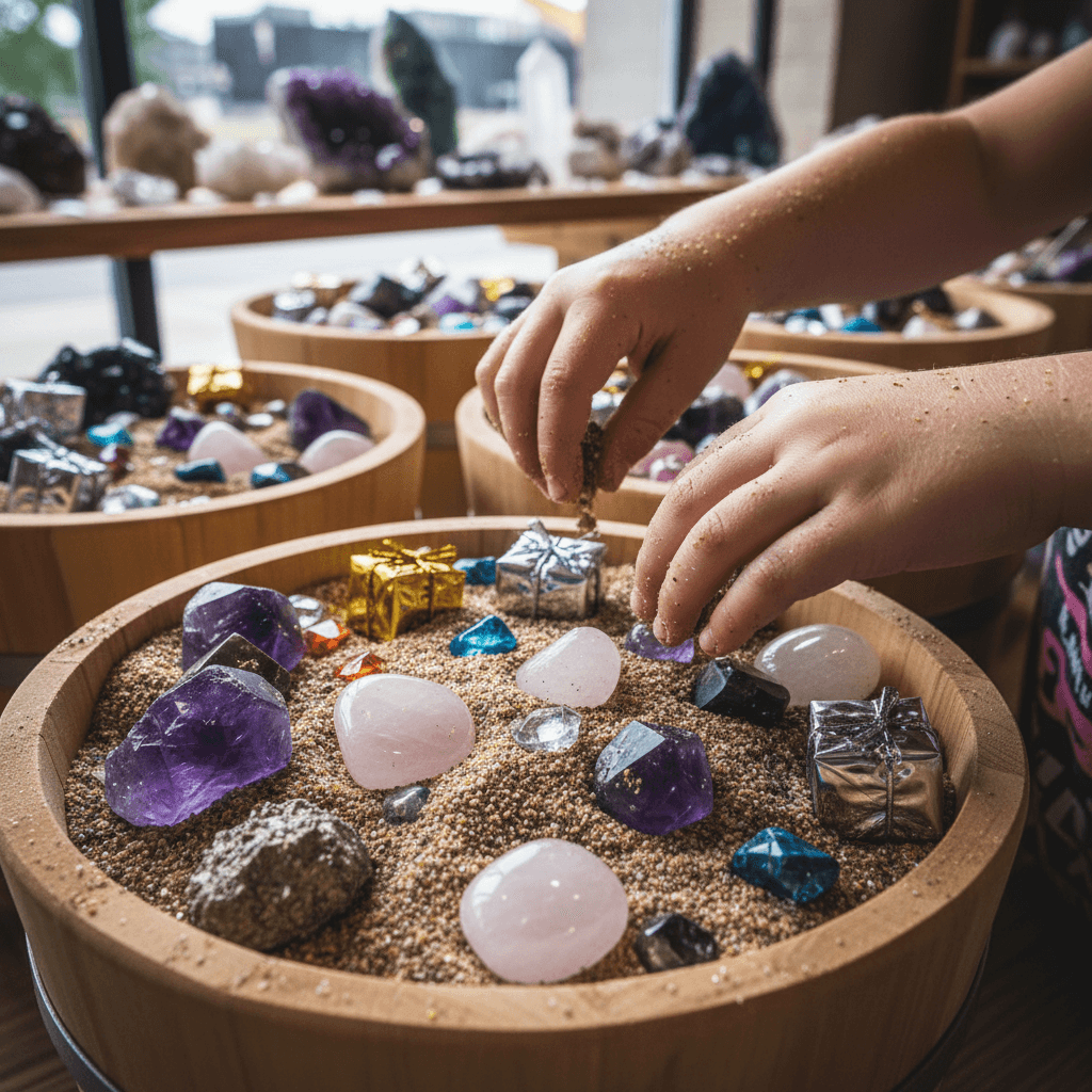 Child's hands discovering colorful gemstones and crystals in sand-filled treasure bucket with natural light