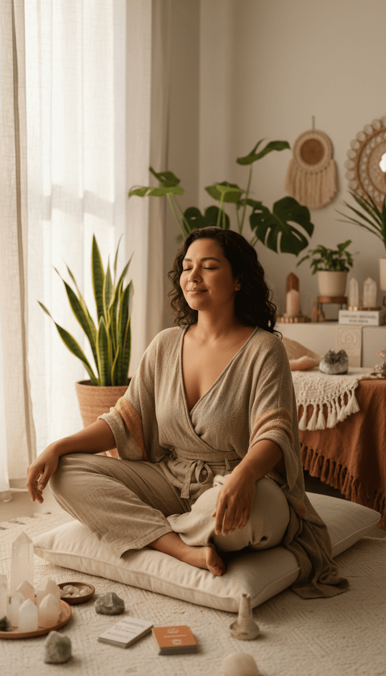 Woman meditating peacefully on cushion in sunlit home sanctuary surrounded by plants, crystals, and calming spiritual décor