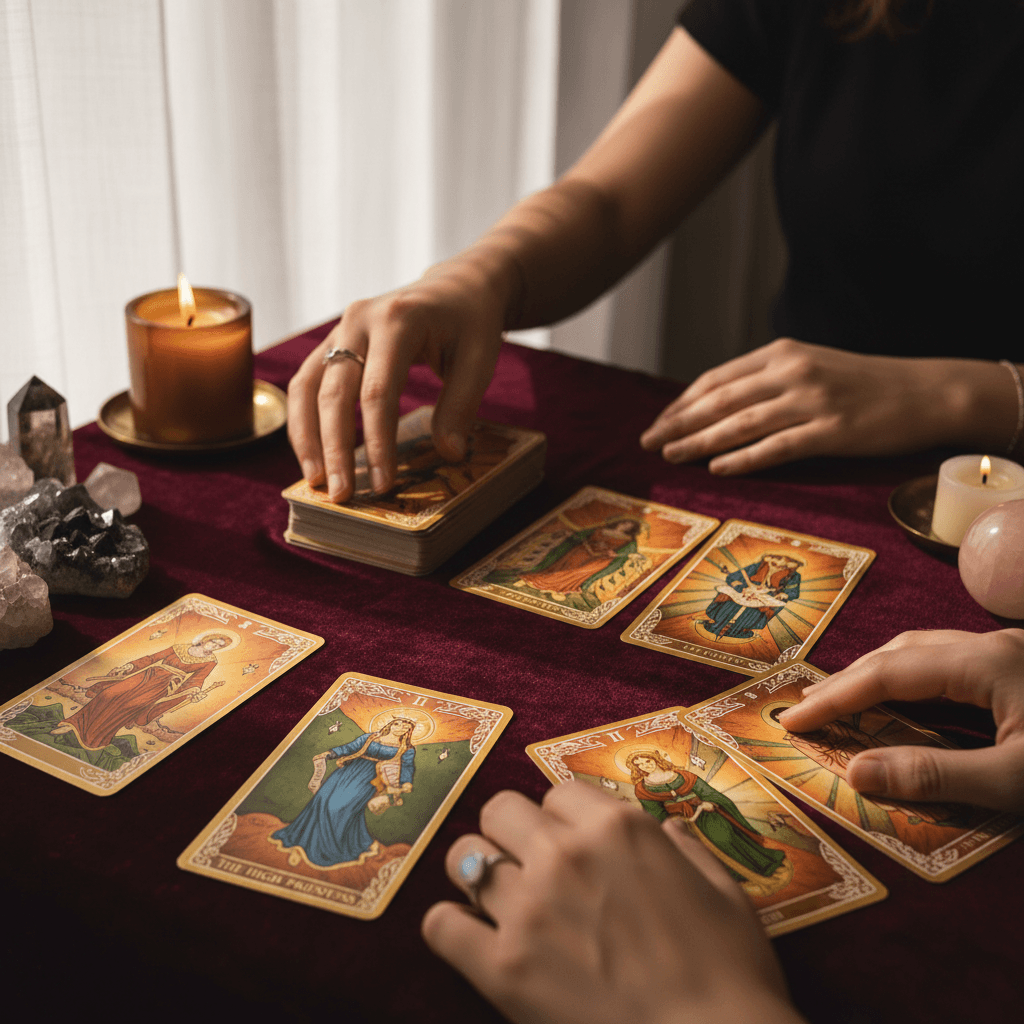 Hands laying tarot cards on velvet surface during intimate spiritual reading session with soft candlelight and crystals