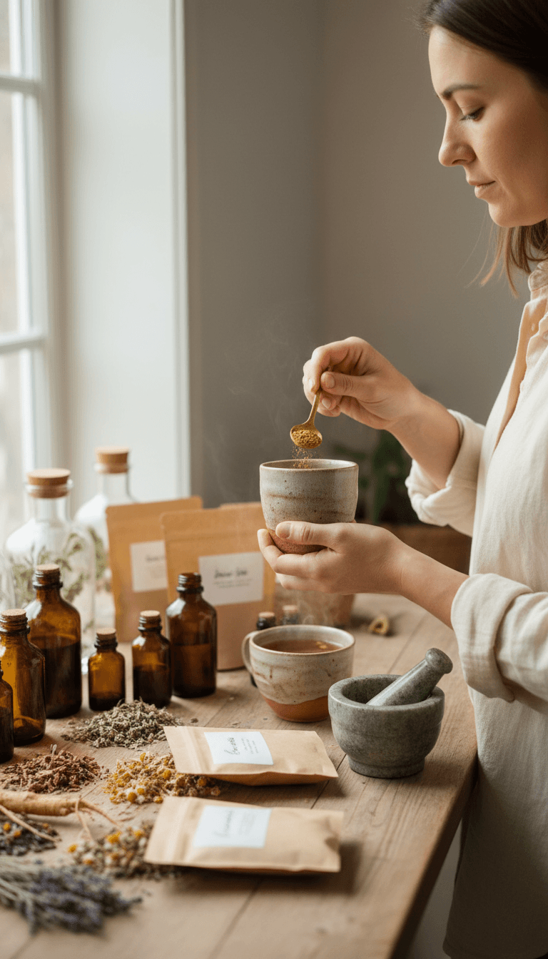 Person carefully measuring premium herbal supplement powder into ceramic cup in bright, naturally-lit home wellness space