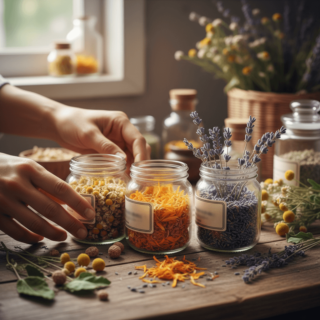 Close-up of dried medicinal herbs in glass jars on wooden surface with soft natural lighting