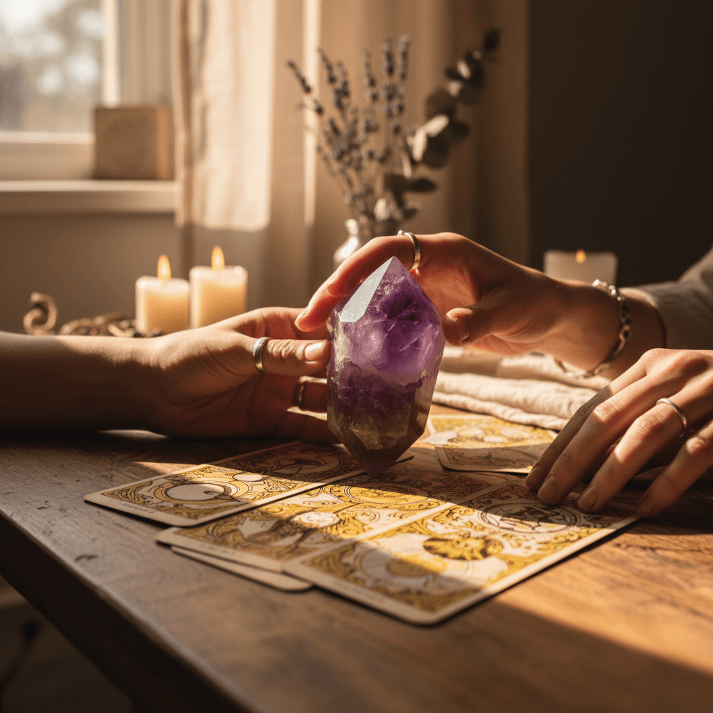 Altar setup with crystals, candles, tarot cards, and ritual items on natural wood surface