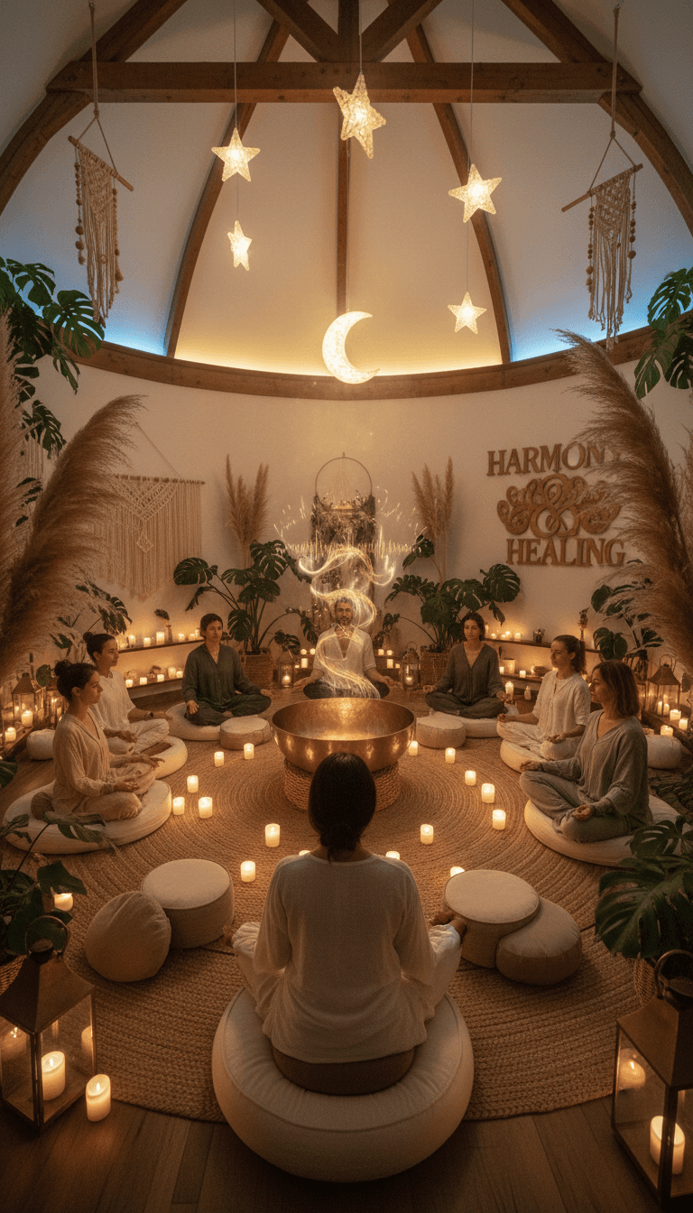 Group participants in meditative posture during sound bath with singing bowl and candle lighting