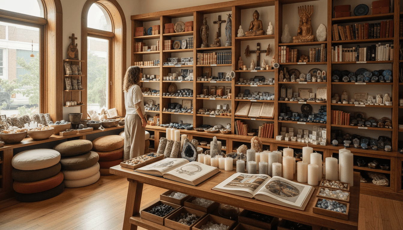 The Ritual Bloom apothecary interior with carefully curated spiritual and holistic products on display shelves