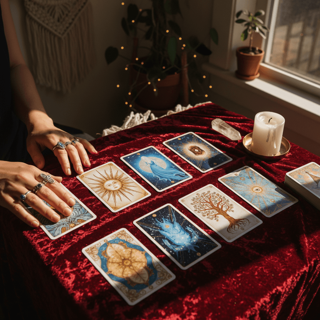 Tarot cards arranged with spiritual tools