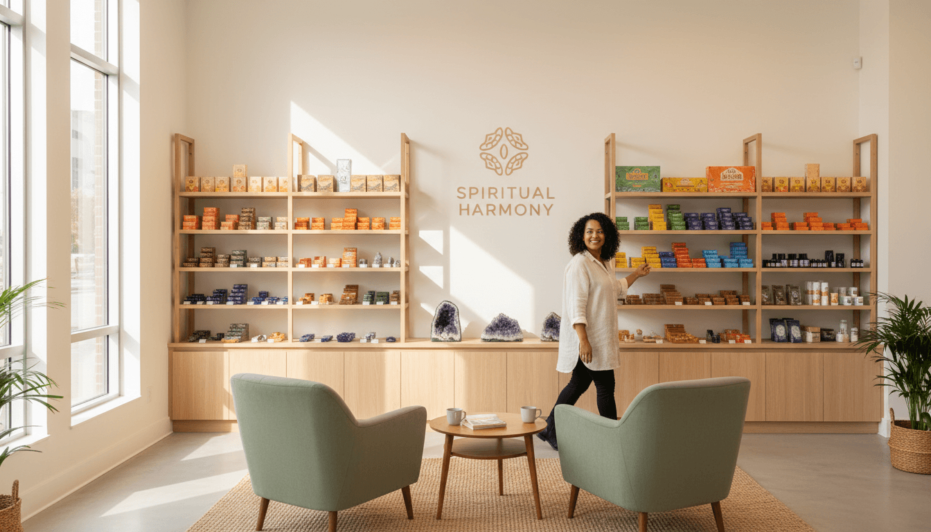 Peaceful apothecary interior with crystals, herbs, and holistic wellness products arranged on wooden shelves