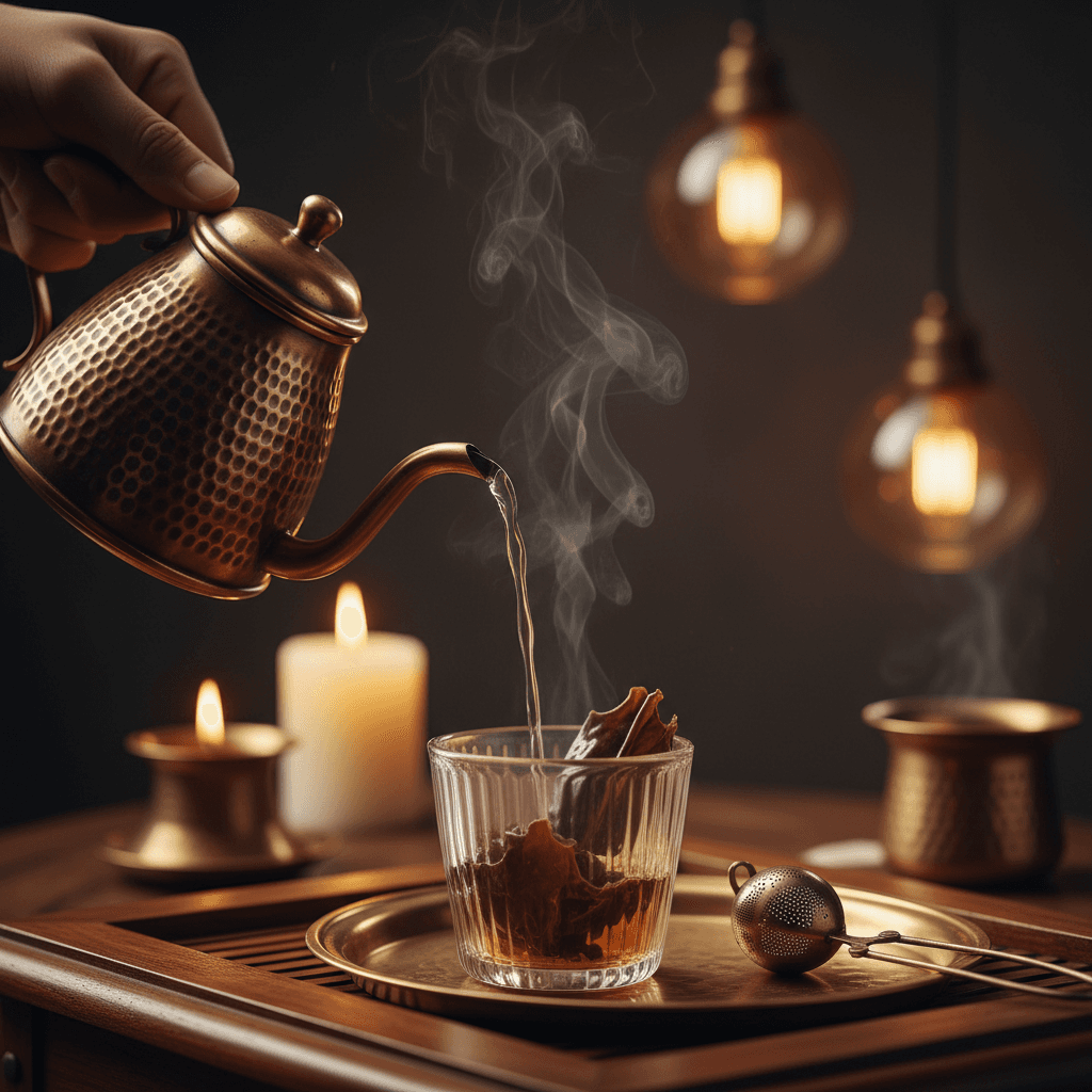 Hands pouring hot water from ornate kettle into glass cup with specialty tea, steam rising in warm evening light