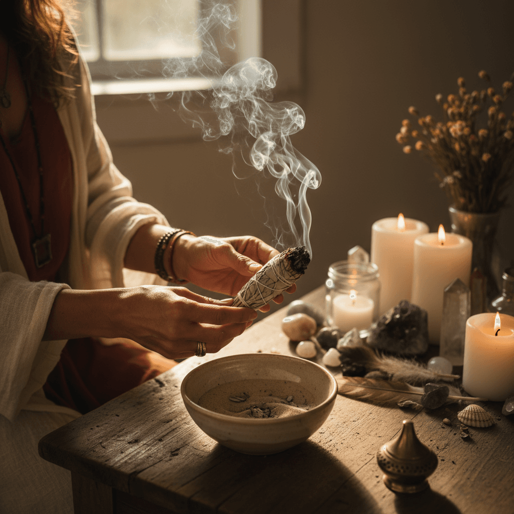 Woman's hands holding burning sage bundle over ceramic bowl in softly-lit sacred space with crystals and candles