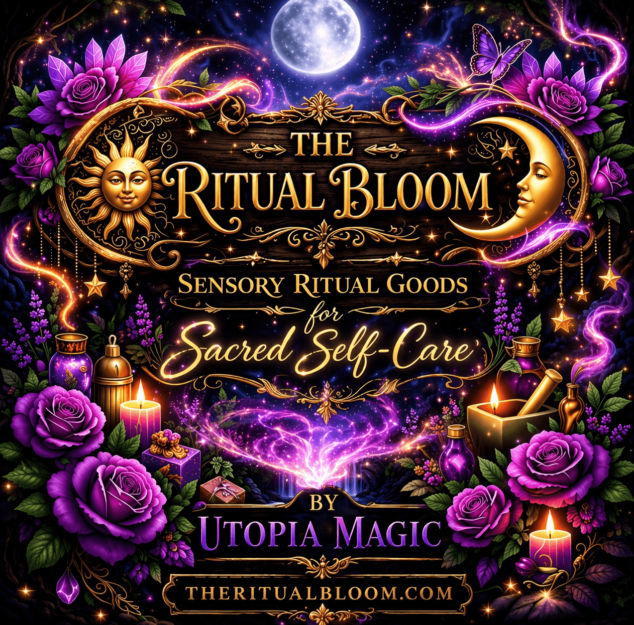 Mystical advertisement for The Ritual Bloom featuring purple roses, celestial symbols, and glowing candles.