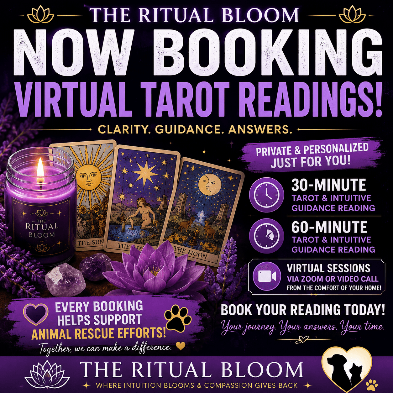 Promotional flyer for virtual tarot readings by The Ritual Bloom supporting animal rescue efforts.