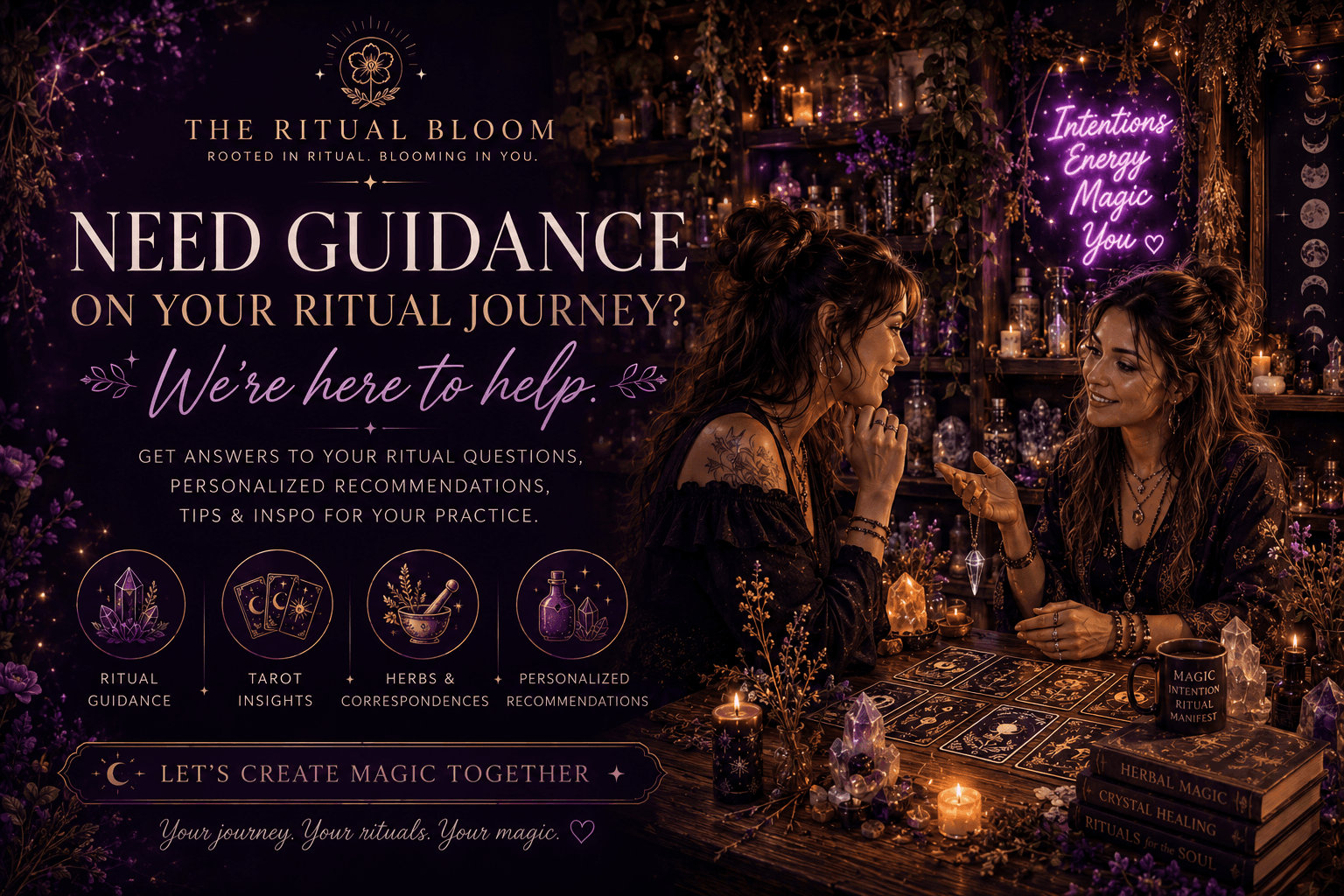 Two women in a mystical apothecary with tarot cards and crystals offering spiritual guidance.