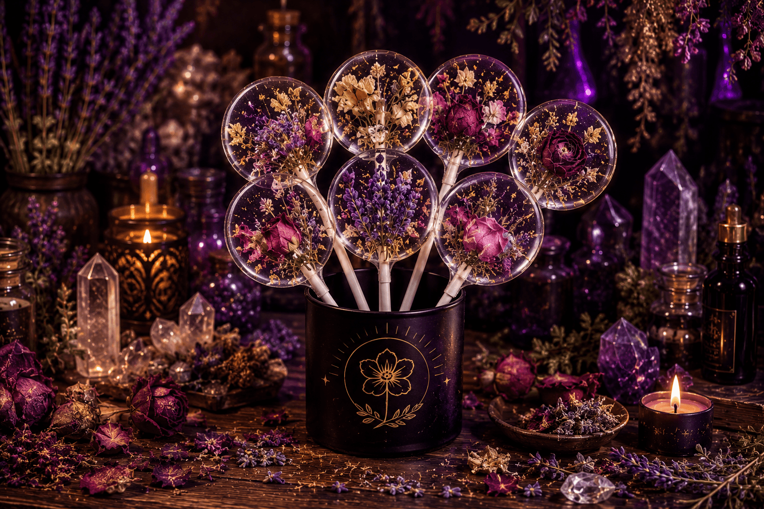 Clear lollipops with dried flowers and gold flakes, set among purple crystals and lit candles.