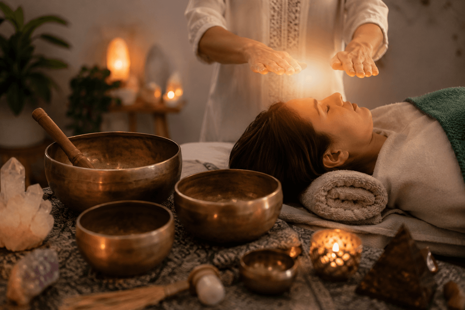 Practitioner performs Reiki energy healing on a woman amidst singing bowls and glowing light.