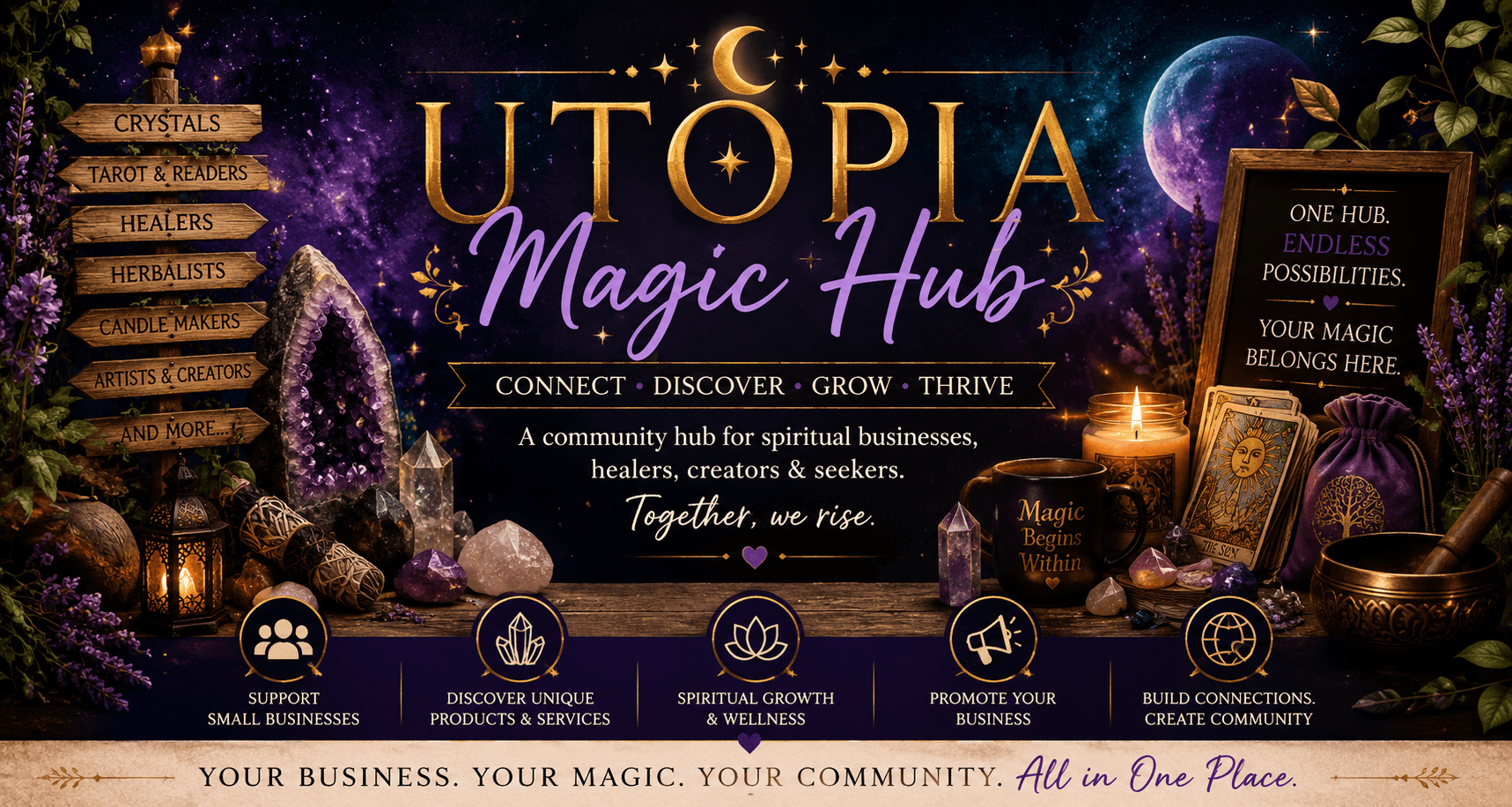 Utopia Magic Hub banner featuring mystical crystals, tarot cards, and a starry cosmic night sky.
