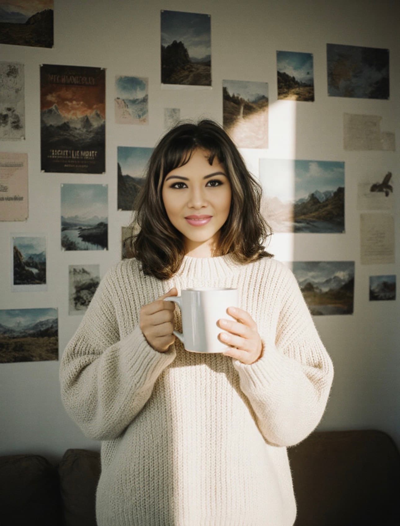 Woman in a cream sweater holding a white mug against a wall of landscape photos.