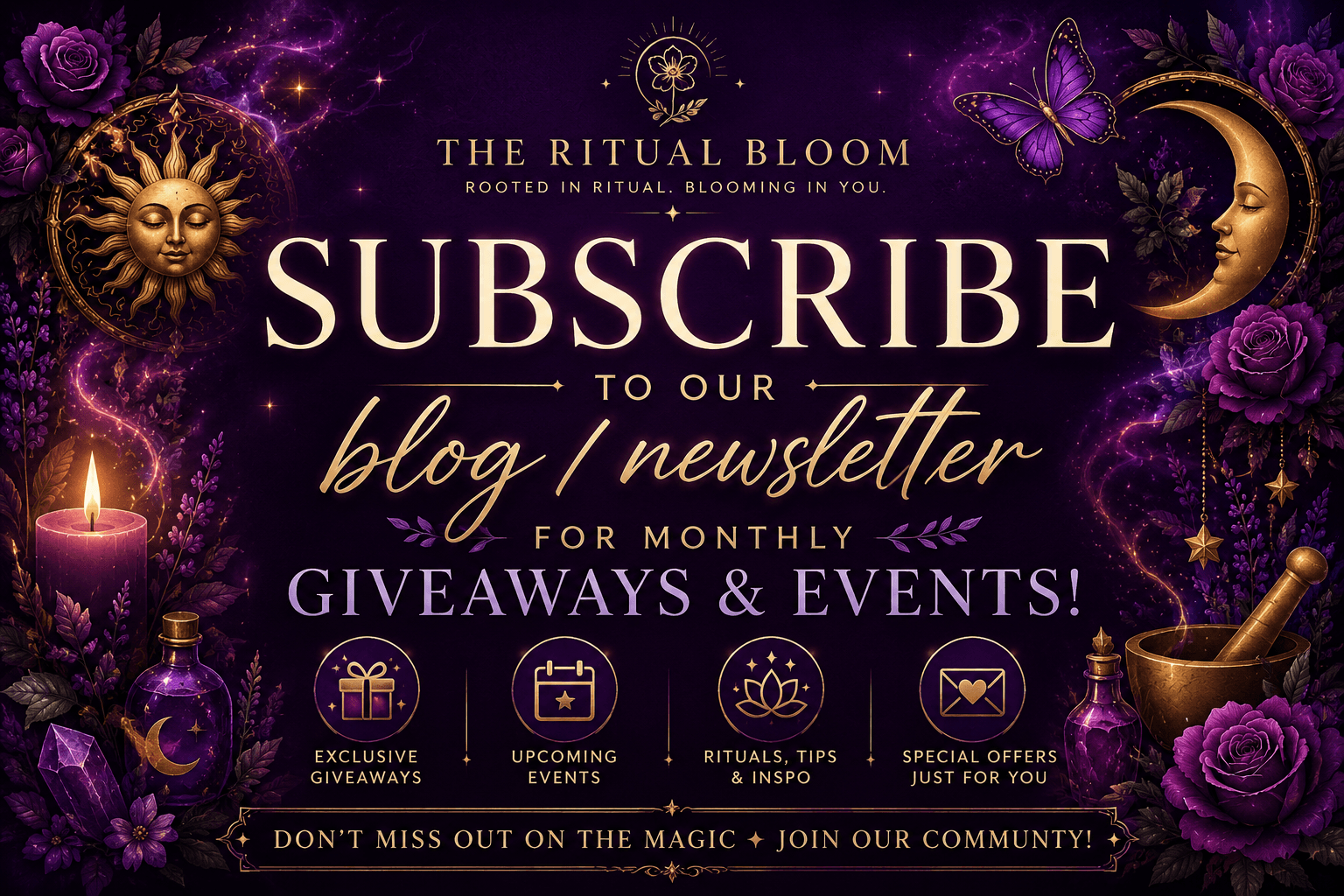 Mystical purple graphic for The Ritual Bloom newsletter featuring celestial symbols, roses, and magical items.